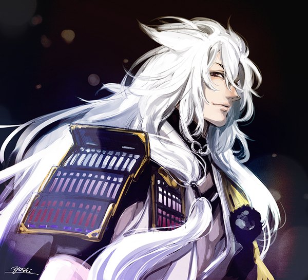 Anime picture 800x727 with touken ranbu nitroplus kogitsunemaru sfdin yoshi single long hair looking at viewer fringe hair between eyes red eyes signed upper body white hair traditional clothes japanese clothes black background boy armor