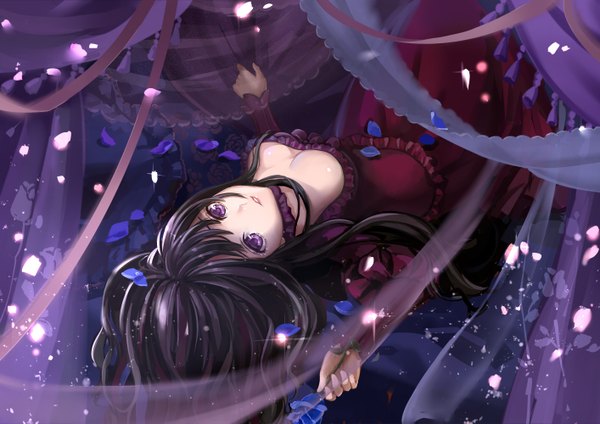 Anime picture 1414x1000 with sound horizon marchen (sound horizon) monogo single long hair looking at viewer black hair purple eyes holding parted lips frilled dress upside down girl dress flower (flowers) ribbon (ribbons) petals frills rose (roses) curtains