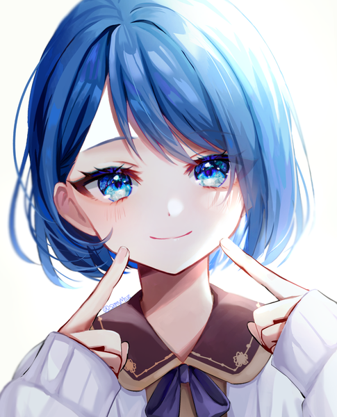 Anime picture 1536x1900 with project sekai kiritani haruka szmymsz single tall image looking at viewer blush short hair blue eyes simple background smile white background blue hair upper body girl