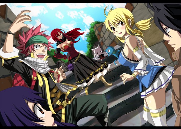 Anime picture 3644x2600 with fairy tail lucy heartfilia erza scarlet natsu dragneel gray fullbuster wendy marvell happy (fairy tail) charle (fairy tail) lworldchiefl long hair highres short hair breasts open mouth light erotic black hair blonde hair smile twintails multiple girls