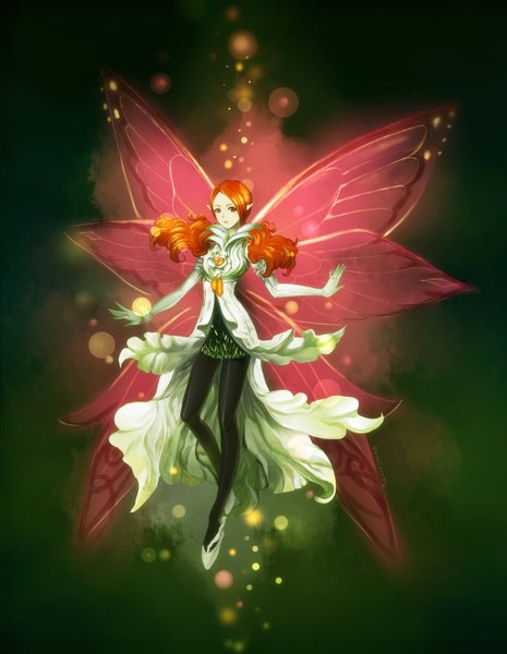Anime picture 1024x1322 with aion kaminary single long hair tall image looking at viewer twintails brown eyes pointy ears orange hair orange eyes dark background wavy hair flying fairy girl gloves flower (flowers) pantyhose wings