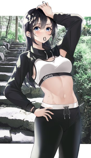 Anime picture 3786x6504 with original lebring single long hair tall image looking at viewer blush fringe highres breasts blue eyes light erotic black hair hair between eyes standing holding signed absurdres outdoors long sleeves