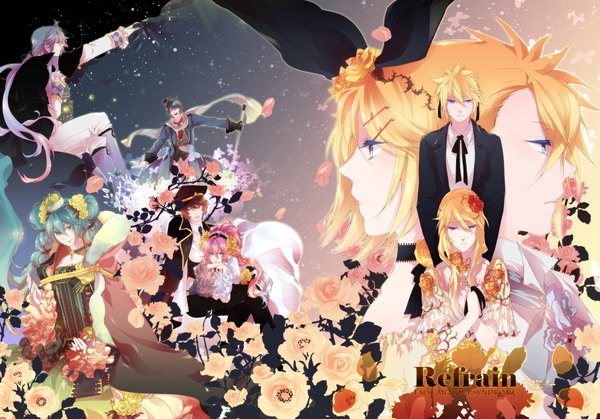 Anime picture 1776x1242 with vocaloid hatsune miku megurine luka kagamine rin kagamine len kaito (vocaloid) meiko kamui gakupo mirunai highres blonde hair purple hair hair flower aqua eyes group girl dress hair ornament flower (flowers) hat