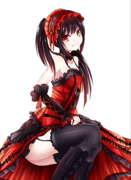 Anime picture 1463x2000 with date a live tokisaki kurumi shiira (nya rl) single long hair tall image looking at viewer light erotic black hair simple background smile white background twintails bare shoulders heterochromia lolita fashion goth-loli uneven twintails girl thighhighs