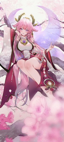 Anime picture 701x1553 with genshin impact yae miko kinokohime single long hair tall image looking at viewer blush fringe breasts blue eyes large breasts sitting animal ears pink hair full body bent knee (knees) tail traditional clothes parted lips