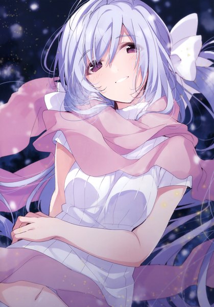 Anime picture 2374x3398 with original umiko (munemiu) single long hair tall image looking at viewer blush fringe highres breasts smile hair between eyes purple eyes twintails silver hair scan short sleeves grin snowing girl