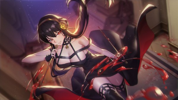 Anime picture 2920x1643 with spy x family yor briar tupiao shaonu single long hair fringe highres breasts light erotic black hair hair between eyes red eyes wide image large breasts holding looking away cleavage indoors parted lips from above