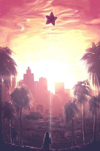 Anime picture 1080x1620 with original neoyume single tall image sitting holding sky from behind back scenic silhouette girl plant (plants) tree (trees) star (symbol) building (buildings) palm tree balloon