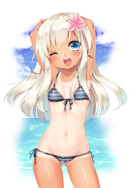Anime picture 900x1300 with kantai collection ro-500 submarine mvv single long hair tall image looking at viewer blush breasts open mouth blue eyes light erotic smile signed silver hair :d one eye closed hair flower wink arms up
