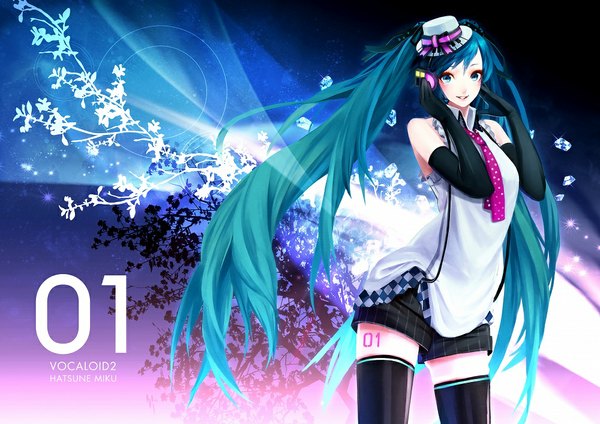 Anime picture 1000x707 with vocaloid hatsune miku siro single twintails bare shoulders very long hair aqua eyes aqua hair girl thighhighs gloves black thighhighs hat necktie elbow gloves shorts headphones