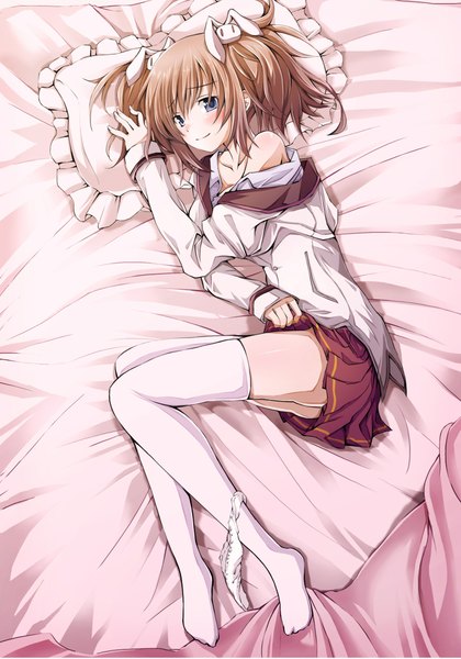 Anime picture 1640x2343 with bitter smile. todoroki mii chiri (atlanta) single tall image blush short hair blue eyes light erotic smile brown hair twintails lying from above off shoulder zettai ryouiki legs on side panties around one leg girl