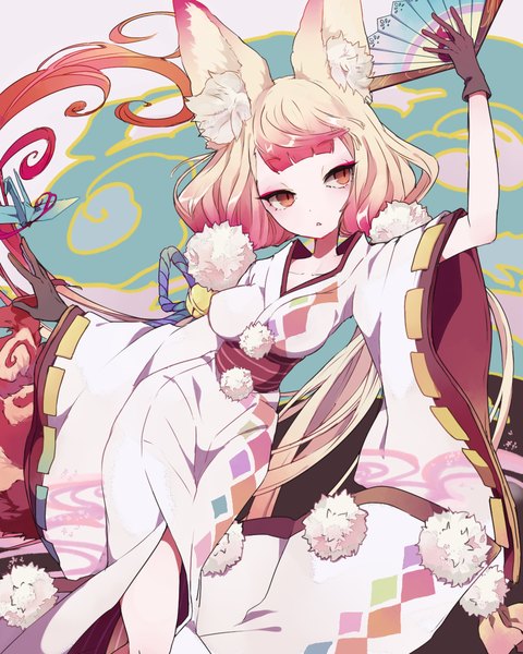 Anime picture 1000x1250 with merc storia konko (merc storia) hoshi rousoku single tall image blush fringe breasts open mouth blonde hair large breasts twintails holding brown eyes animal ears looking away red hair blunt bangs very long hair traditional clothes