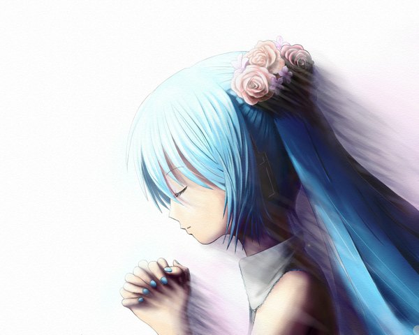Anime picture 1569x1257 with vocaloid hatsune miku single long hair fringe hair between eyes white background twintails payot blue hair eyes closed nail polish parted lips profile fingernails shadow sleeveless praying girl hair ornament