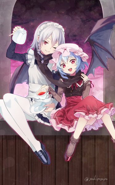 Anime picture 982x1583 with touhou remilia scarlet izayoi sakuya yuki (popopo) long hair tall image looking at viewer blush fringe short hair open mouth smile red eyes sitting multiple girls holding signed blue hair silver hair cloud (clouds)