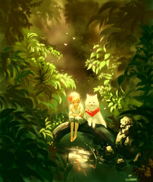 Anime picture 792x936 with original jon-lock (artist) tall image short hair smile sitting signed bent knee (knees) white hair red hair eyes closed barefoot sunlight bare legs leaning no shoes reflection twisty sleeves river boy