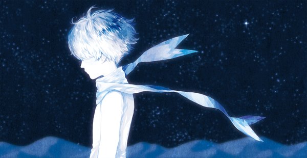 Anime picture 1709x885 with the little prince the little prince (the little prince) single fringe highres short hair wide image silver hair profile white skin boy scarf