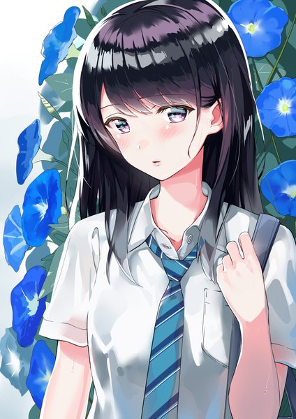 Anime picture 706x1000 with original kinugasa yuuichi single long hair tall image looking at viewer blush fringe black hair standing purple eyes upper body blunt bangs short sleeves open collar floral background girl uniform flower (flowers) school uniform