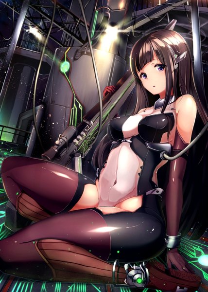 Anime picture 660x924 with original 8gou single long hair tall image light erotic black hair purple eyes bent knee (knees) parted lips light soles girl gloves navel hair ornament weapon elbow gloves gun bodysuit