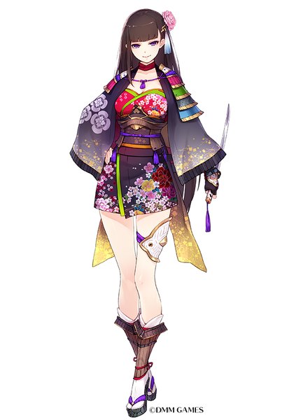Anime picture 600x850 with yuranpo single long hair tall image looking at viewer fringe breasts simple background smile brown hair standing white background purple eyes holding cleavage full body blunt bangs long sleeves traditional clothes japanese clothes
