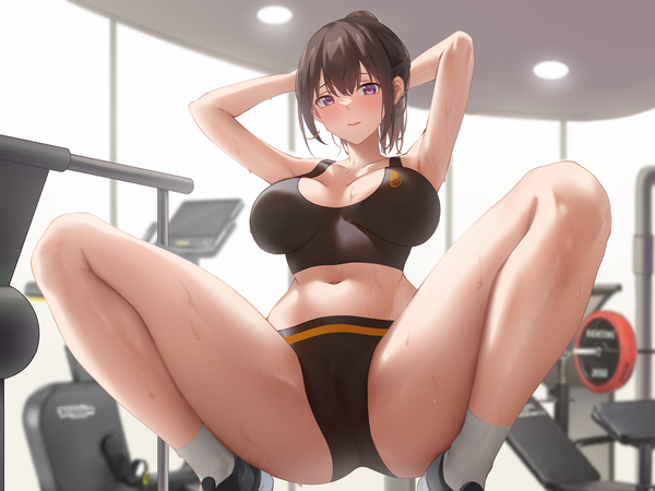 Anime picture 4000x3000 with original suzuame yatsumi single blush fringe highres short hair breasts light erotic hair between eyes brown hair large breasts payot looking away absurdres ponytail indoors pink eyes arms up midriff