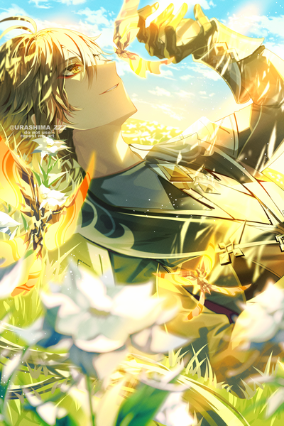 Anime picture 866x1300 with genshin impact zhongli (genshin impact) crystalfly (genshin impact) urashima (hidoro mgmg) single long hair tall image fringe smile hair between eyes brown hair yellow eyes sky outdoors lying arm up sunlight on back looking up boy