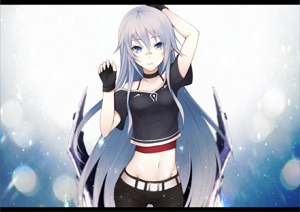 Anime picture 1131x800 with original kyoeiki single long hair blue eyes grey hair midriff girl gloves navel belt fingerless gloves