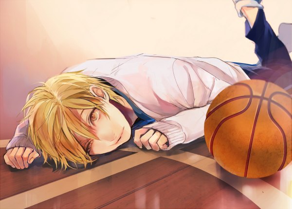 Anime picture 1200x862 with kuroko no basket production i.g kise ryouta megane hoata single short hair blonde hair yellow eyes lying boy sweater ball basketball ball gym