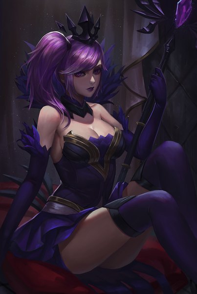 Anime picture 900x1339 with league of legends lux (league of legends) elementalist lux hou akira single long hair tall image breasts large breasts purple eyes holding purple hair bent knee (knees) parted lips lips lipstick side ponytail eyeshadow makeup purple lipstick