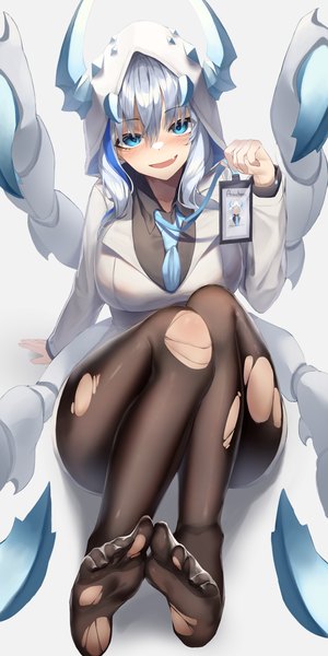 Anime picture 3000x6000 with original ryu (yanagi) single long hair tall image looking at viewer blush fringe highres open mouth blue eyes simple background smile hair between eyes sitting holding silver hair full body bent knee (knees) long sleeves