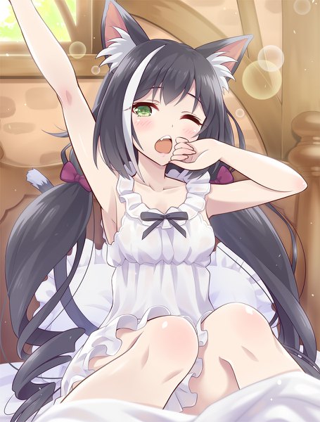 Anime picture 910x1200 with princess connect! re:dive princess connect! karyl (princess connect!) kyaru (princess connect) urabi (tomatohouse) single long hair tall image looking at viewer blush fringe open mouth black hair sitting twintails green eyes animal ears indoors tail animal tail