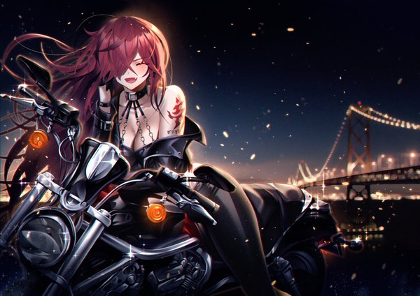 Anime picture 4093x2894 with elsword elesis (elsword) been single long hair blush fringe highres breasts open mouth light erotic smile large breasts sitting absurdres cleavage outdoors red hair eyes closed long sleeves