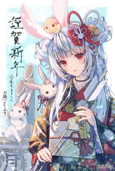Anime picture 1378x2039 with original misty cj single long hair tall image looking at viewer red eyes signed animal ears silver hair nail polish traditional clothes head tilt japanese clothes hair bun (hair buns) bunny ears new year red nail polish animal on head nengajou