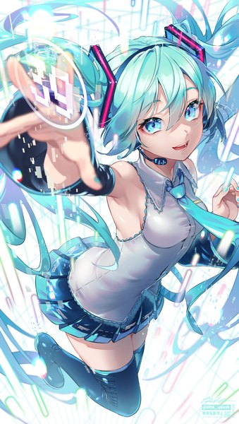 Anime picture 2000x3539 with vocaloid hatsune miku iria (yumeirokingyo) single tall image looking at viewer fringe highres breasts open mouth light erotic simple background smile hair between eyes white background twintails signed full body bent knee (knees) long sleeves