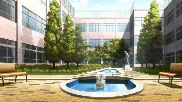 Anime picture 2560x1440 with yaneura no kanojo highres wide image game cg no people plant (plants) tree (trees) water window bench statue fountain