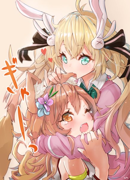 Anime picture 2552x3508 with shironeko project korin (shironeko project) tsukimi (shironeko project) fuku kitsune (fuku fox) long hair tall image looking at viewer blush fringe highres open mouth blonde hair simple background hair between eyes brown hair multiple girls holding brown eyes animal ears upper body