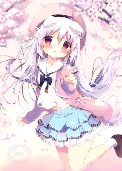 Anime picture 680x948 with original shiroi inu shiratama (shiratamaco) single long hair tall image looking at viewer blush fringe open mouth hair between eyes animal ears outdoors white hair tail parted lips animal tail pink eyes open clothes :o