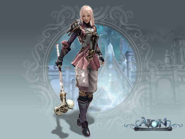 Anime picture 4200x3150 with aion single highres pink hair absurdres realistic official art 3d weapon boots armor chainmail