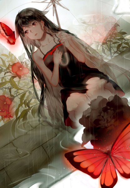 Anime picture 2066x2988 with original duanlu zhong long hair tall image fringe highres black hair red eyes sitting bare shoulders holding bent knee (knees) reflection rain squat girl dress flower (flowers) black dress insect