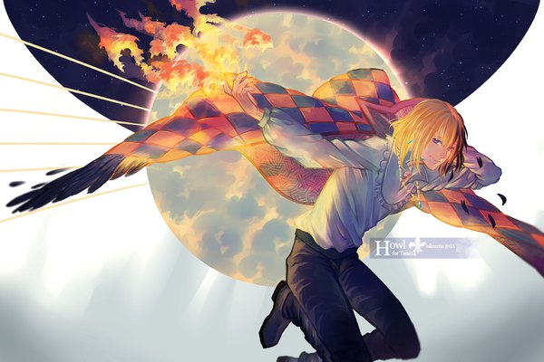 Anime picture 1380x920 with howl's moving castle studio ghibli howl sakonma single looking at viewer short hair blue eyes smile bent knee (knees) boy earrings wings shoes pendant feather (feathers) fire flame