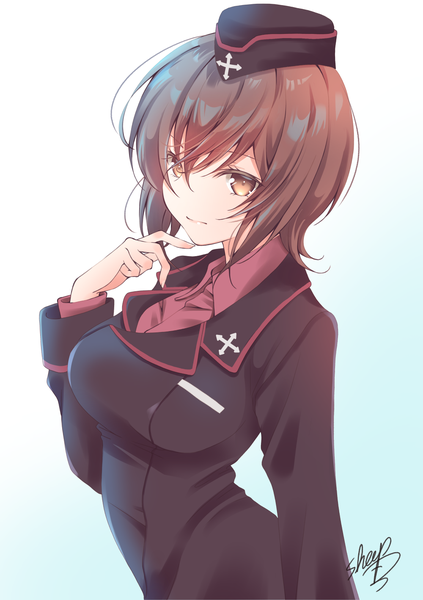 Anime picture 1000x1417 with girls und panzer nishizumi maho sheepd single tall image fringe short hair simple background hair between eyes brown hair brown eyes signed looking away upper body gradient background girl uniform military uniform field cap