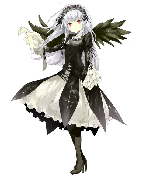 Anime picture 1600x2000 with rozen maiden suigintou maca-roon long hair tall image simple background red eyes white background silver hair high heels lolita fashion goth-loli doll joints girl dress ribbon (ribbons) wings frills headdress knee boots