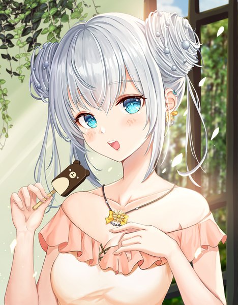 Anime picture 1200x1539 with original kottungyang single tall image looking at viewer blush fringe short hair breasts open mouth blue eyes smile hair between eyes holding payot cleavage silver hair upper body indoors nail polish