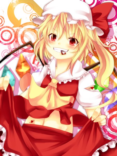 Anime picture 768x1023 with touhou flandre scarlet huleito single tall image blush short hair blonde hair smile red eyes one side up girl dress skirt navel wings bonnet skirt set crystal
