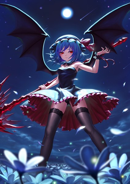 Anime picture 1288x1822 with touhou remilia scarlet fkey single tall image looking at viewer short hair breasts light erotic red eyes standing bare shoulders holding blue hair sky wind night from below armpit (armpits) pantyshot