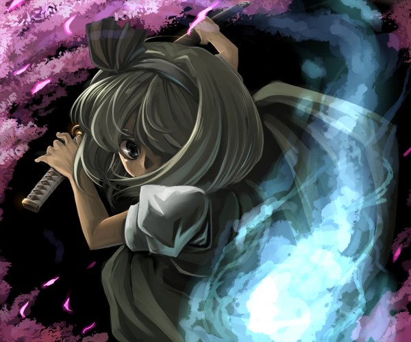 Anime picture 1200x1000 with touhou konpaku youmu myon aaru (tenrake chaya) single looking at viewer fringe short hair upper body grey hair black eyes hair over one eye puffy sleeves cherry blossoms girl sword hairband katana