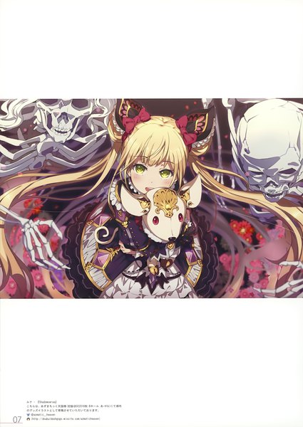 Anime picture 2480x3500 with shadowverse milky been! (ogipote) - cue (artbook) luna (shadowverse) ogipote single long hair tall image looking at viewer highres open mouth blonde hair twintails yellow eyes long sleeves scan hair bun (hair buns) letterboxed lolita fashion goth-loli skeleton