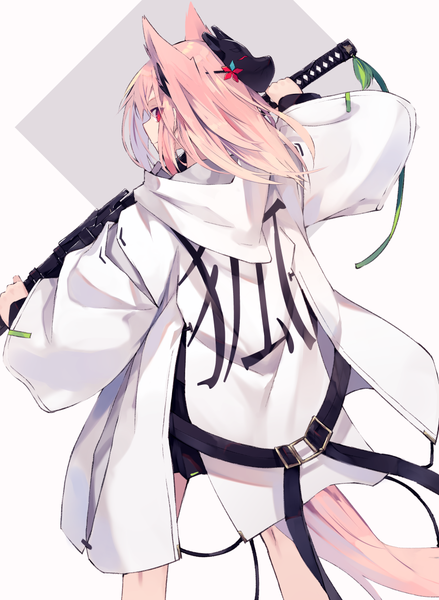 Anime picture 908x1241 with original nagishiro mito single long hair tall image looking at viewer fringe simple background red eyes standing holding animal ears payot pink hair tail animal tail looking back multicolored hair from behind wide sleeves