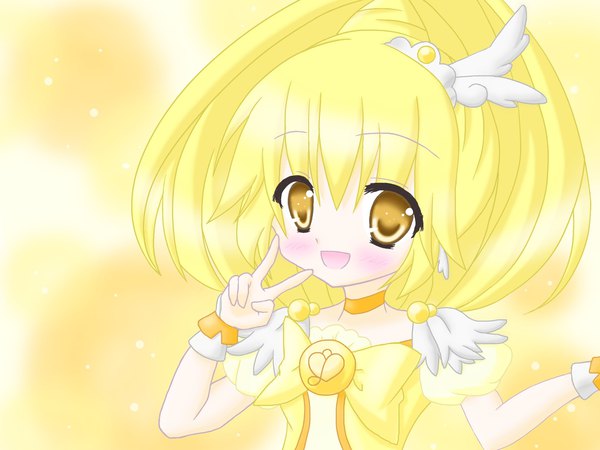 Anime-Bild 2048x1536 mit precure smile precure! toei animation kise yayoi cure peace refia (lollipop star) single looking at viewer blush fringe highres short hair open mouth simple background blonde hair smile hair between eyes yellow eyes payot ponytail