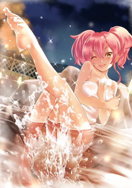 Anime picture 1447x2047 with idolmaster idolmaster cinderella girls jougasaki mika rin2008 single tall image looking at viewer blush fringe short hair light erotic hair between eyes twintails yellow eyes pink hair one eye closed nude wink night sparkle