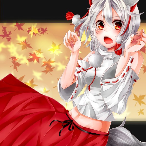 Anime picture 1869x1873 with touhou inubashiri momiji mahiron-atori (artist) single tall image blush highres short hair open mouth red eyes animal ears silver hair animal tail teeth fang (fangs) girl skirt detached sleeves shirt leaf (leaves)